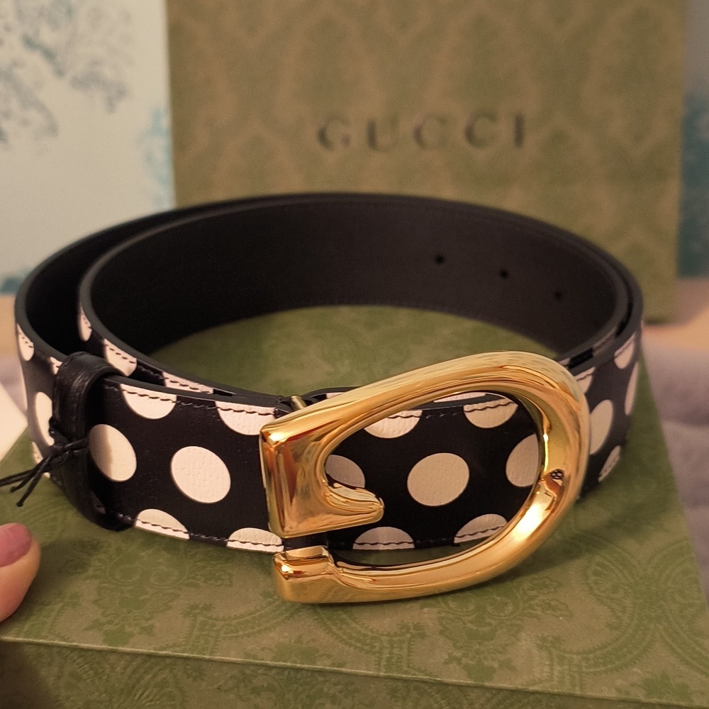 New Gucci G-buckle thin leather belt memorable buckle Black White Sz 105 / 42